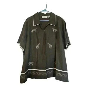 Lemon Grass Womens 22/24 Cotton Blend Blouse Embroidered Safari Animals Green